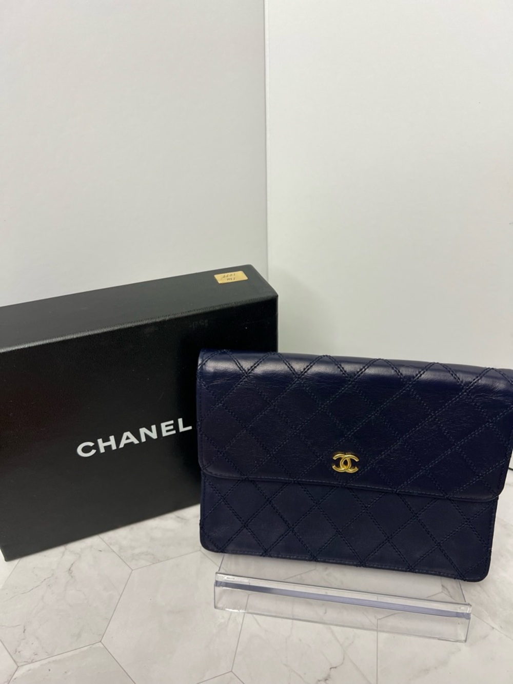 CHANEL Navy Quilted Lambskin Flap Wallet with Gold CC